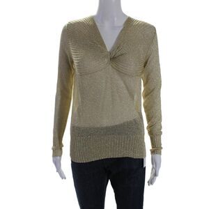 Aigue-Marine Womens Twist Knot Long Sleeves V Neck Sweater Gold Metallic Size Sm